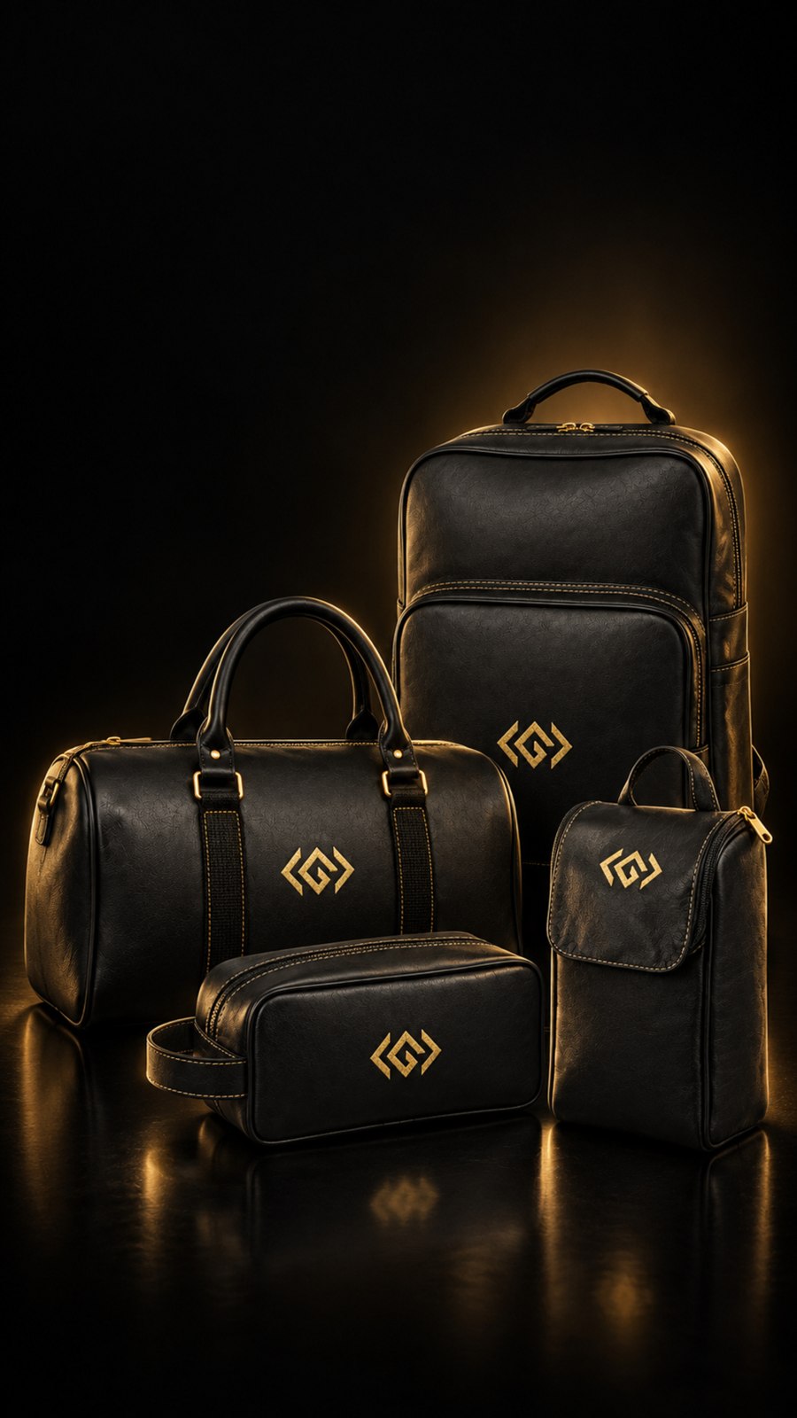 Mochila, mala, porta-chuteira e necessaire Legend em preto e dourado